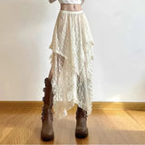 Stetnode Lace Asymmetrical Skirt Women Vintage Y2K Boho Aesthetic Fashion High Waist Mid Skirts Summer Ladies Holiday Outfits