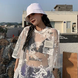 Stetnode Japanese O-neck Oversize Tee Shirt Summer Sexy See Through Mesh Lace T-shirt Y2k E-Girl Short Sleeve Bottoming Tops Women