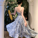 Stetnode Elegant Floral Backless Long Dress Women Spaghetti Strap Ruffles French Vintage Corset Ruched Robe Summer Female Slim Vestidos