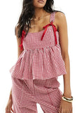 Stetnode Y2k Tank Top Sleeveless Women Red Gingham Bow Tie Down Camisole Ruffle Hem Peplum Tops Summer Streetwear