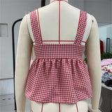 Stetnode Y2k Tank Top Sleeveless Women Red Gingham Bow Tie Down Camisole Ruffle Hem Peplum Tops Summer Streetwear