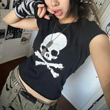 Stetnode Skeleton Print Black Crop Top 90s Vintage Harajuku Grunge Summer T-shirt E-girl Dark Academia Emo Alt Tees Women Streetwear