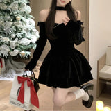 Stetnode  Off-shoulder Sexy Slim Velvet Black Long-sleeved Dress Women 2024 Spring New Korean Fashion Bow Pleated Halter Party Dress