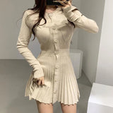 Stetnode Knitted Pleated Mini Dress Women Vintage Black Sweater Dresses Winter Korean Elegant Long Sleeve Pink Bodycon Vestidos New