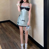 Stetnode  Vintage Contrast Color Bow Patchwork Sweet Sling Dress Women 2024 Summer New Off-shoulder Sexy Slim Lace Splicing Mini Dress