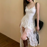 Stetnode  Korean Solid Color Casual Asymmetric Sling Dress Women 2024 Summer New V-neck Sexy Slim Ruffled Lace Mid-length Dress