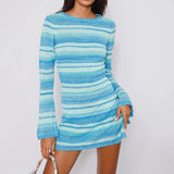 Stetnode Sexy Backless Tie-up Long Sleeve Dress Chic Women Elegant Lady Knitted Striped Mini Dress Summer Beach Holiday Club Party