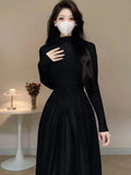 Stetnode Solid Knitted Dress Women Spring New Fashion Long Sleeve Half High Collar Casual Bottoming Dresses Female Soft Pullover Vestidos