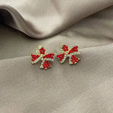 Stetnode New Style Temperament Red Color Christmas Bow Stud Earrings for Women Rhinestone Bowknot Red Ball Earring Girls Party Jewelry