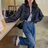 Stetnode Harajuku Crop Plaid Shirts Women Vintage Long Sleeve Loose Sunscreen Blouses Korean Fashion Casual All Match Top Thin Coat