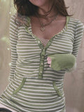 Stetnode Green Vintage Button Front Striped Ribbed Knit Top