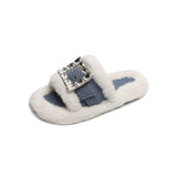 Stetnode Woman Fashion Rhinestone Buckle Slippers Blue Denim Fabric Peep Toe Slippers 2024 Autumn Winter Female Warm Cotton Slippers