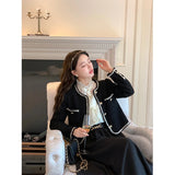 Stetnode Vintage Jackets Women Black Tweed Cropped Coat Korean Elegant Thicken Single Breasted Blazer Casual Short Outerwear Tops