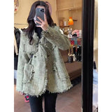 Stetnode Vintage Tweed Jackets Women Korean Tassel Patchwork Thick Warm Coats Elegant Loose Casual All Match Chic Outerwear Tops