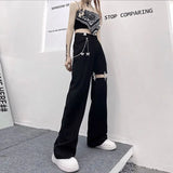 Stetnode Harajuku Hollow Out Wide Leg Pants Women Chain High Waist Straight Trousers Spring Hip Hop Streetwear All Match Trousers