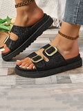 Stetnode Belt Buckle Hollow Open Toe Shiny Sandals Slippers