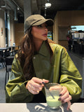 Stetnode Spring Outfits Fashion Green Women Leather Jacket Elegant Lapel Long Sleeve Zipper Casual Short Coat 2025 Autumn Winter Lady PU Streetwear