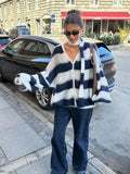 Stetnode Women Contrast Striped Knitted Cardigan With Scarf Oversize Long Lantern Sleeves Sweater Tops 2024 High Street Lady Knitwear