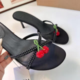 Stetnode Summer Women Cherry Bead String High Heel Sandals Sexy Round Toe Peep Toe Padded Slider Sandals Female Stilettos High Heels