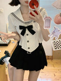 Stetnode nye outfits party outfits  White Navy Sailor Collar Blouse Short Sleeve Cute Top for Women Preppy Style Lolita Shirts Kawaii School Clothes Japan