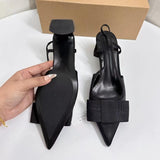 Stetnode Woman Black Retro Pointed Thick Heels Sandals Fashion Bow-Knot Slingback High Heels 2024 Autumn Elegant Woman Heeled Shoes