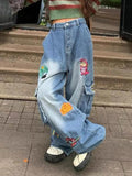 Stetnode Vintage Cartoon Embroidery Big Pocket Boyfriend Jeans