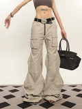 Stetnode back to school spring outfit Cassy Solid Color Irregular Shaped Cut Out Design Wide Leg Zipper Cargo Pants