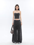 Stetnode back to school spring outfit Mina Vintage Grey Denim Bandeau Top + Straight Wide Leg Jeans Pants Matching Set