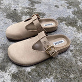 Stetnode Woman Fashion Cork Suede Mules Slipper Retro Round Toe Geboken Flat Shoes 2024 Autumn Thick Bottom Buckle Toe Half Slipper