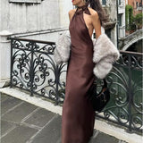 Stetnode Outfit Elegant Halter Satin Maxi Dress Women Tied Backless Brown Slim Midi Dress Off Shoulder Party Dresses Pleated Evening Party Dress