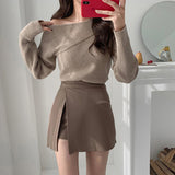 Stetnode Slit Mini Skirts Women Korean High Waist Solid Irregular Skirts Office Lady Fashion Stretchy Chic Simple A Line Skirts New