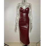 Stetnode outfit Sexy PU Leather Burgundy Maxi Dress Women Strapless Pleated Hip Package Split Elegant Evening Dresses Party Long Midi Vestidos