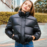 Stetnode Winter Warm Thick PU Leather Coats Women Short Parkas Fashion Black Cotton Padded Lady Down Jacket Elegant Zipper Clothes 2023