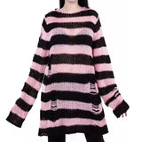 Stetnode 2021 Spring Female Y2K Striped Patchwork Loose Punk Dark Black Pullover Women's Medium and Long Broken Casual Knit Base Sweaters