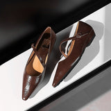 Stetnode Woman Fashion Dark Brown Leather Shoes Sexy Pointed Toe Buckle Buckle Shoes 2025 Spring Female Casual Vintage Low-heel Shoes