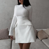 Stetnode Elegant Women's Mini Dress White O Neck High Waist Long Sleeve Dress Fashion Patchwork Party Evening Dress Lady Vestidos