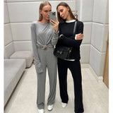 Stetnode outfit Modal Soft Loose 2 Piece Set Women 2024 Casual Long Sleeve T Shirt And High Waist Skirt Waist Wide Pant Outfits Female Tracksuit