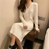 Stetnode Elegant Knitted Midi Dress Women High Waist V Neck A Line Dresses Autumn Winter Office Lady Korean Solid Slim Vestidos New