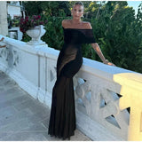 Stetnode outfit Elegant Off Shoulder Maxi Dresses Women Sexy Mesh Backless Sleeveless Hip Package Bodycon Lady Dress Party Club Mash Gown Robes