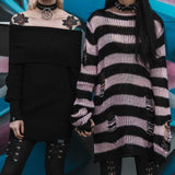 Stetnode 2021 Spring Female Y2K Striped Patchwork Loose Punk Dark Black Pullover Women's Medium and Long Broken Casual Knit Base Sweaters