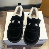 Stetnode Woman Black Plush Fur Flat Bottom Shoes Round Toe Thick Soled Snow Boots 2024 Ladies Velcro With Velvet Thickened Cotton Shoes