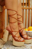 Stetnode Chantal Lace Up Platform Block Heels - Tan