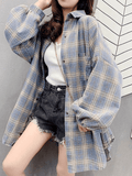 Stetnode Checkered Baggy Long Sleeve Button Blouse