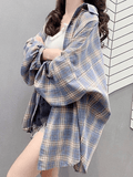 Stetnode Checkered Baggy Long Sleeve Button Blouse