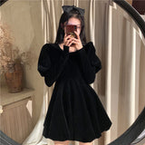 Stetnode Vintage Black Velvet Mini Dress Women Party Square Collar Dresses Ladies Korean Elegant Puff Long Sleeve Bodycon Vestidos