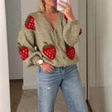 Stetnode Vintage Women Knit Cardigan Long Sleeve Strawberry Button Closure Fall Casual Jacket Sweater Y2K Fashion Streetwear