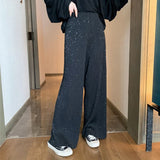 Stetnode Women Pleated Wide Leg Pants High Waist Korean Fashion Black Sequined Elastic Straight Casual Trousers Streetwear New