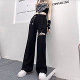 Stetnode Harajuku Hollow Out Wide Leg Pants Women Chain High Waist Straight Trousers Spring Hip Hop Streetwear All Match Trousers