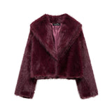 Stetnode Spring Outfits Faux Fur Coat Women 2025 Plush Burgundy Bomber Jacket Solid Crop Long Sleeve Outerwears Warm Winter Coats Woman Casual Coat