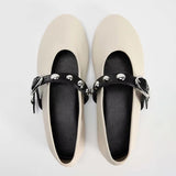 Stetnode Woman’s White Leather Ballet Flat Shoes Chic Round Head Shallow Mouth Flats Shoes Women Metal Buckle Wide Strap Rivet Shoes